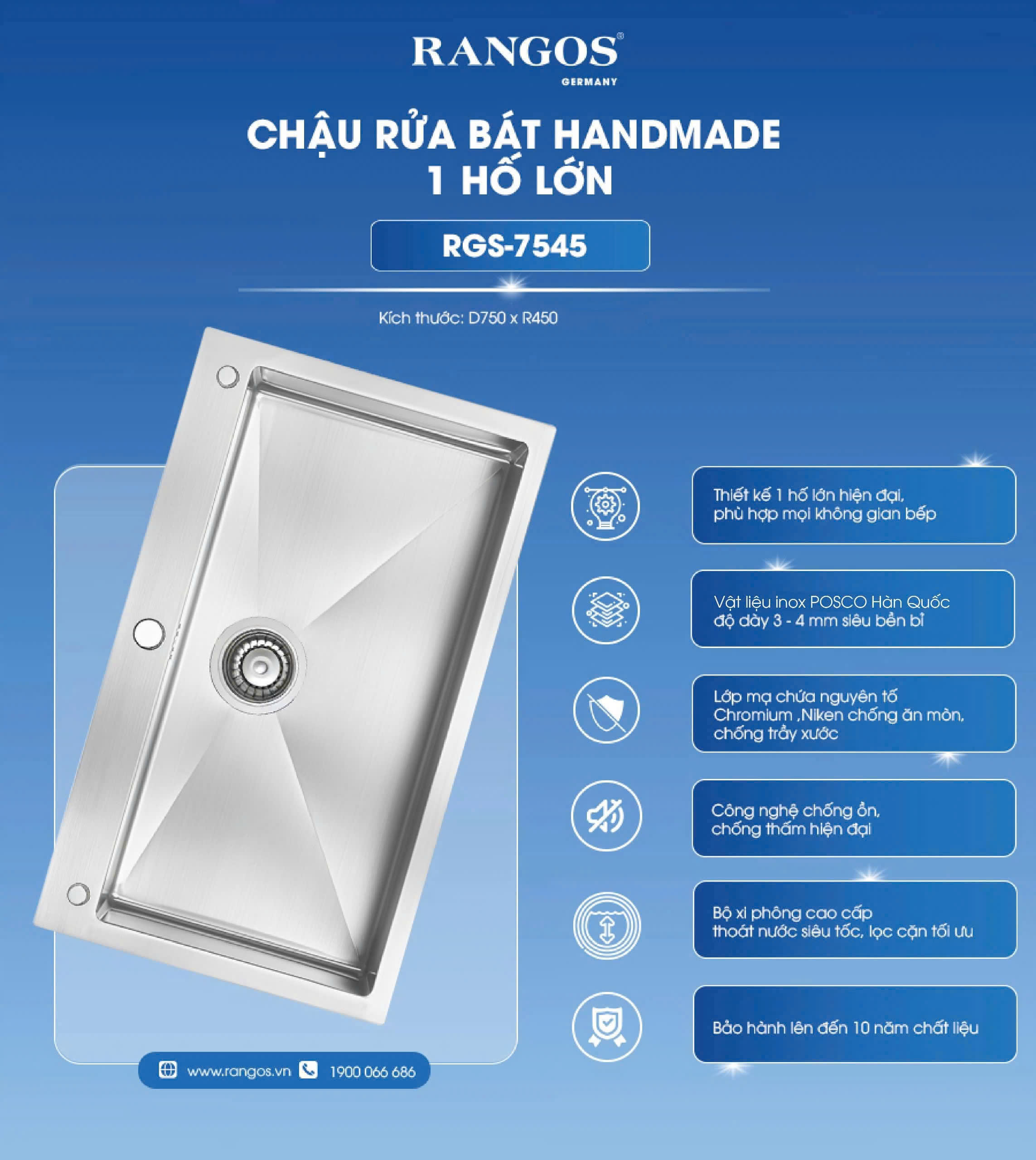 CHẬU RỬA BÁT HANDMADE 1 HỐ LỚN RGS-7545