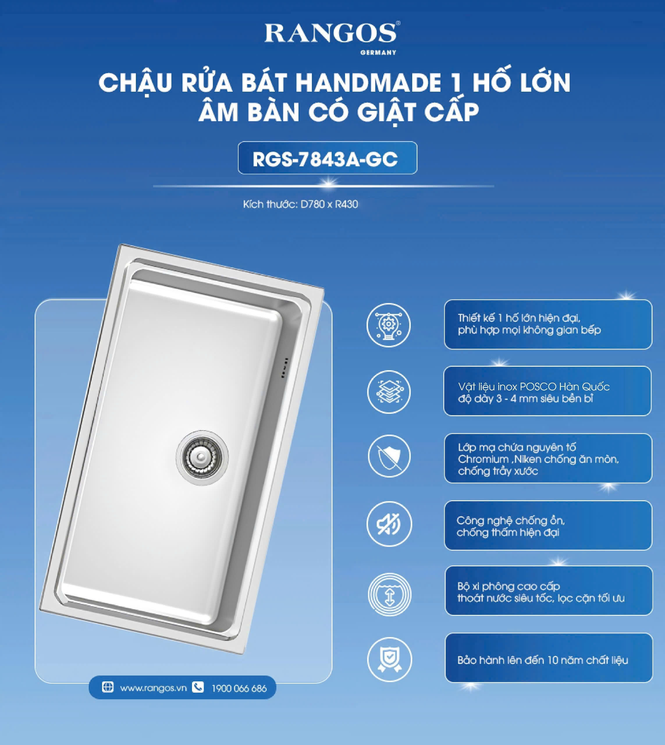 CHẬU RỬA BÁT HANDMADE 1 HỐ LỚN ÂM BÀN CÓ GIẬT CẤP RGS-7843A-GC