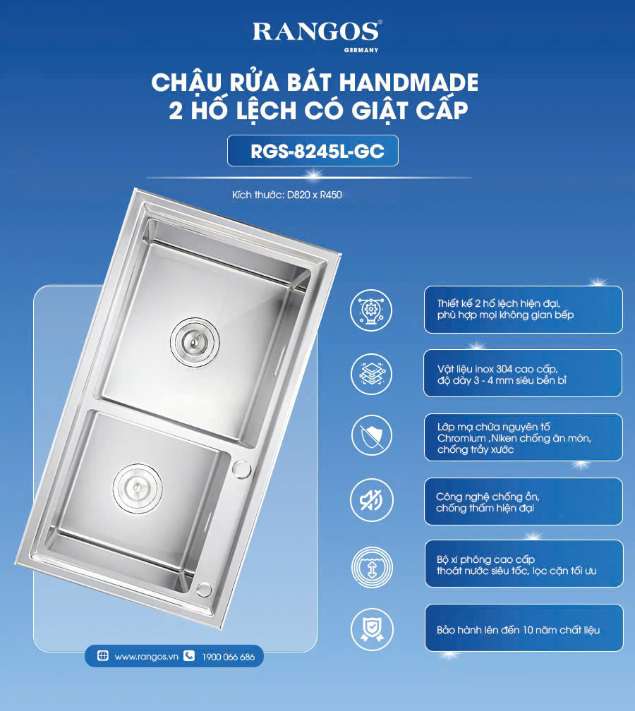 CHẬU RỬA BÁT HANDMADE 2 HỐ LỆCH CÓ GIẬT CẤP RGS-8245L-GC