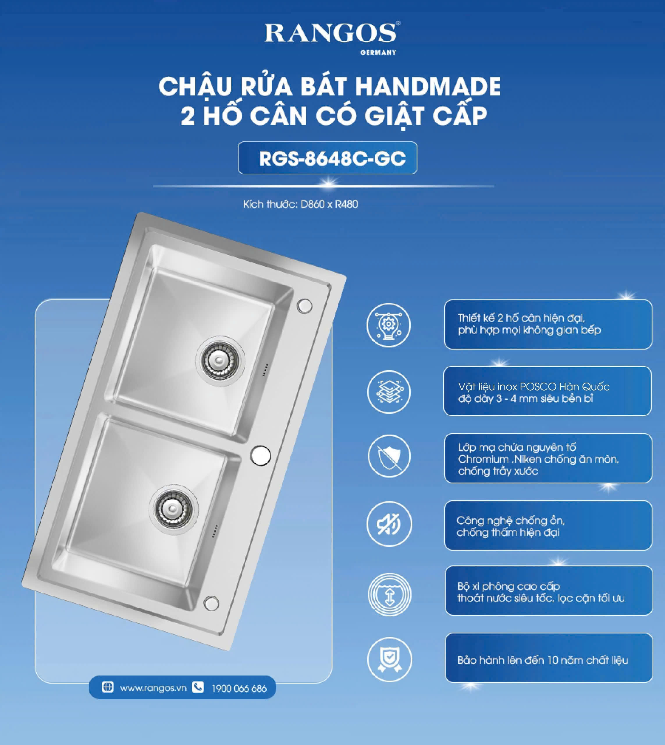 CHẬU RỬA BÁT HANDMADE 2 HỐ CÂN CÓ GIẬT CẤP RGS-8648C-GC