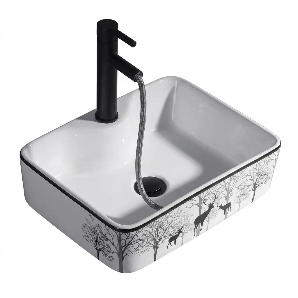 Chậu rửa mặt đặt bàn vuông hoa văn hươu – Mã: 202HL
