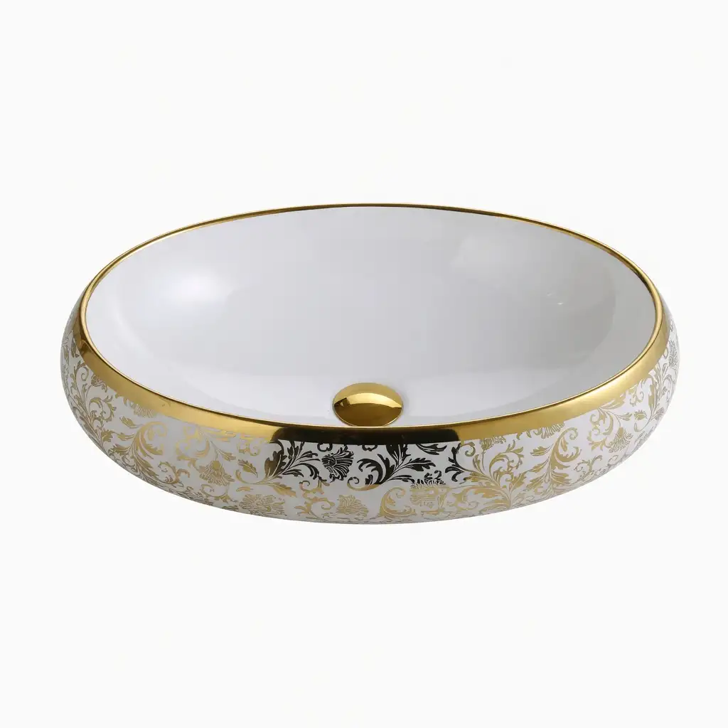 Chậu rửa mặt men sứ hoa văn vàng Oval đặt bàn cao cấp – Mã: 087