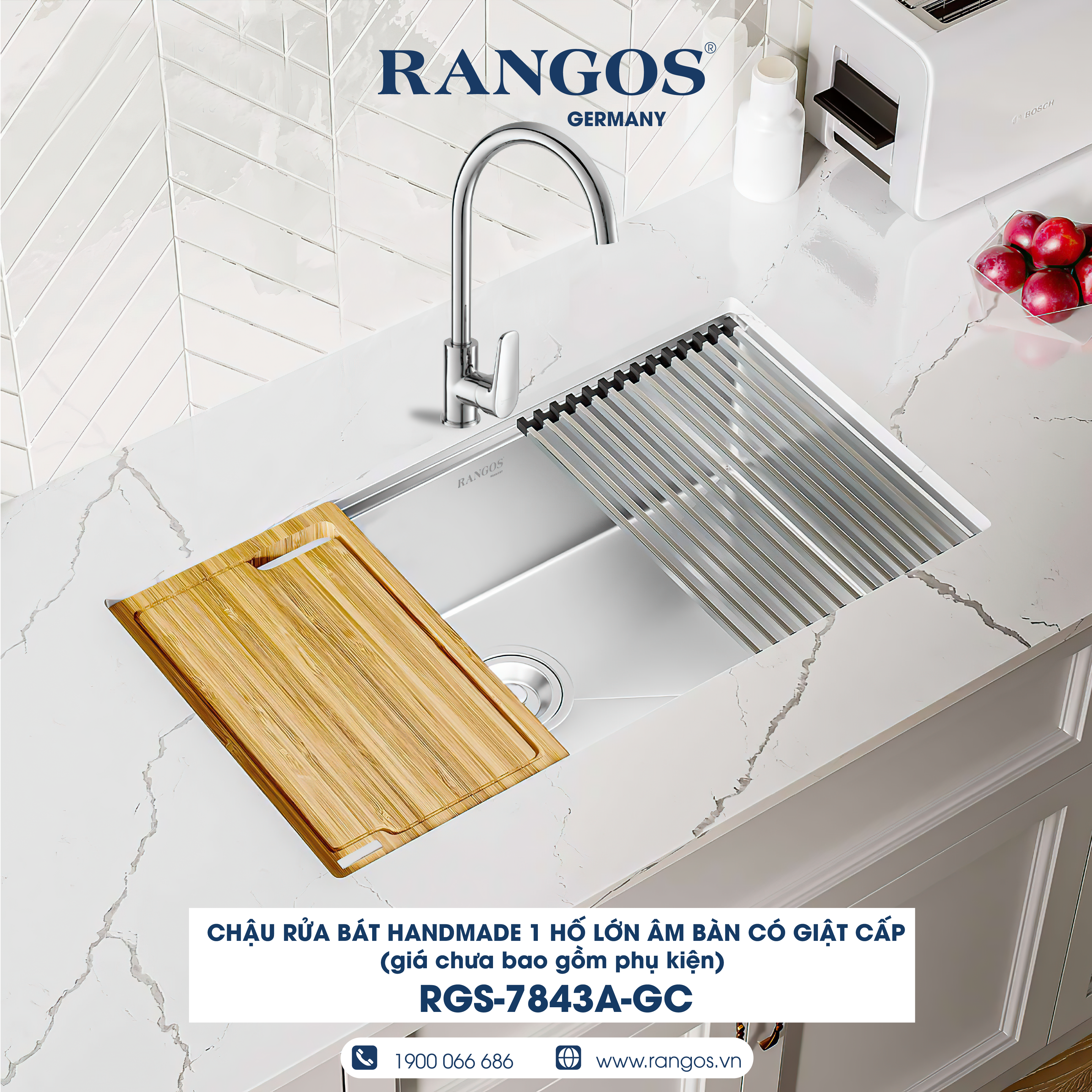 CHẬU RỬA BÁT HANDMADE 1 HỐ LỚN ÂM BÀN CÓ GIẬT CẤP RGS-7843A-GC