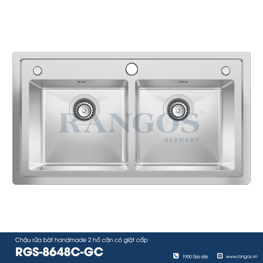 CHẬU RỬA BÁT HANDMADE 2 HỐ CÂN CÓ GIẬT CẤP RGS-8648C-GC