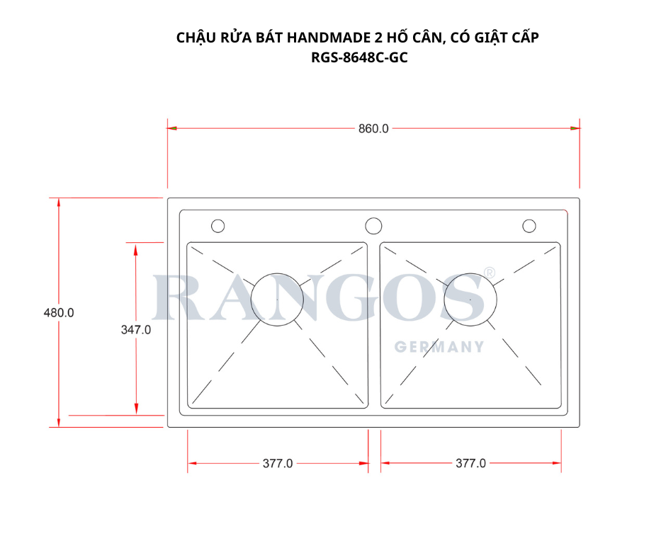 CHẬU RỬA BÁT HANDMADE 2 HỐ CÂN CÓ GIẬT CẤP RGS-8648C-GC