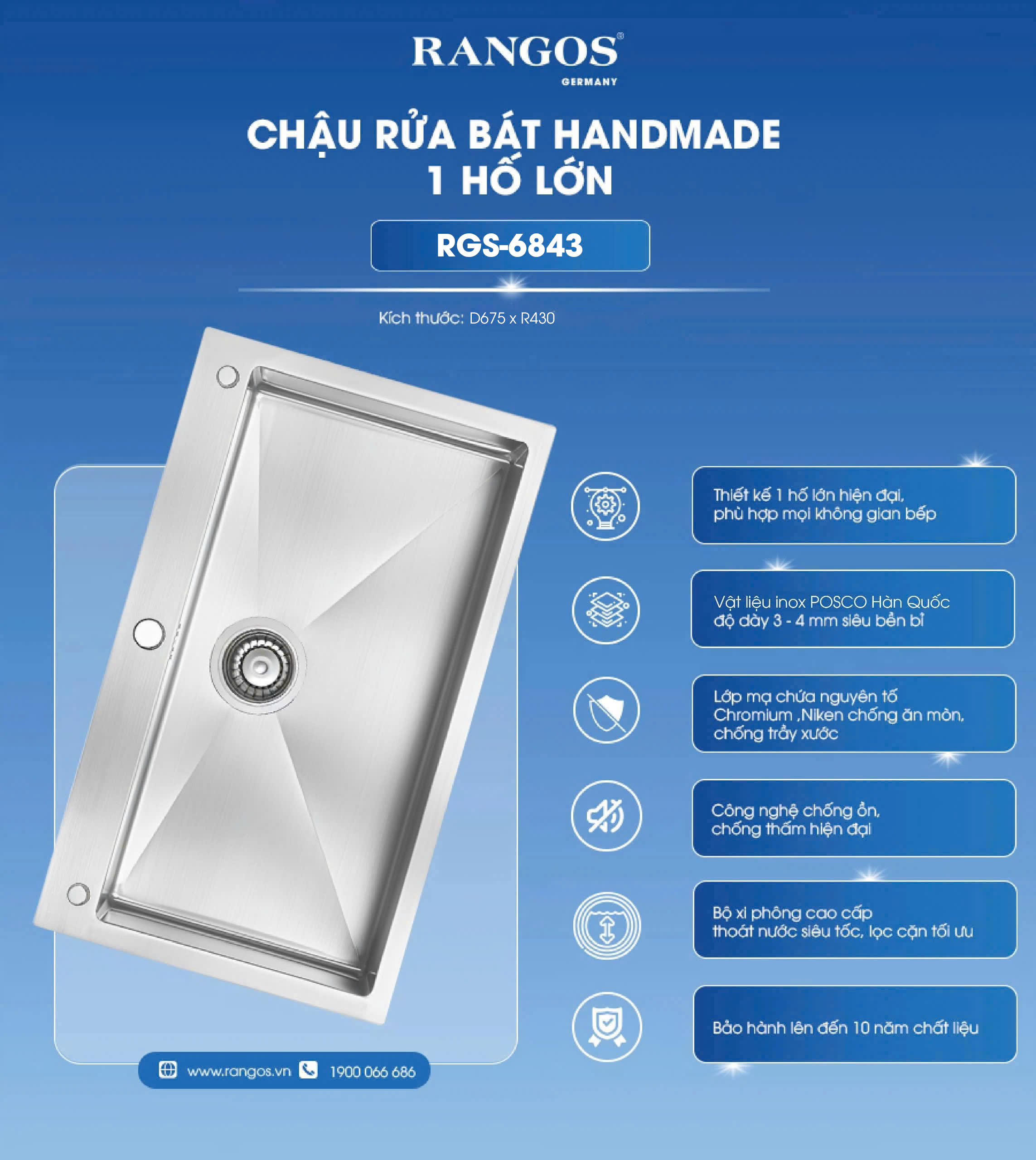 CHẬU RỬA BÁT HANDMADE 1 HỐ LỚN RGS-6843